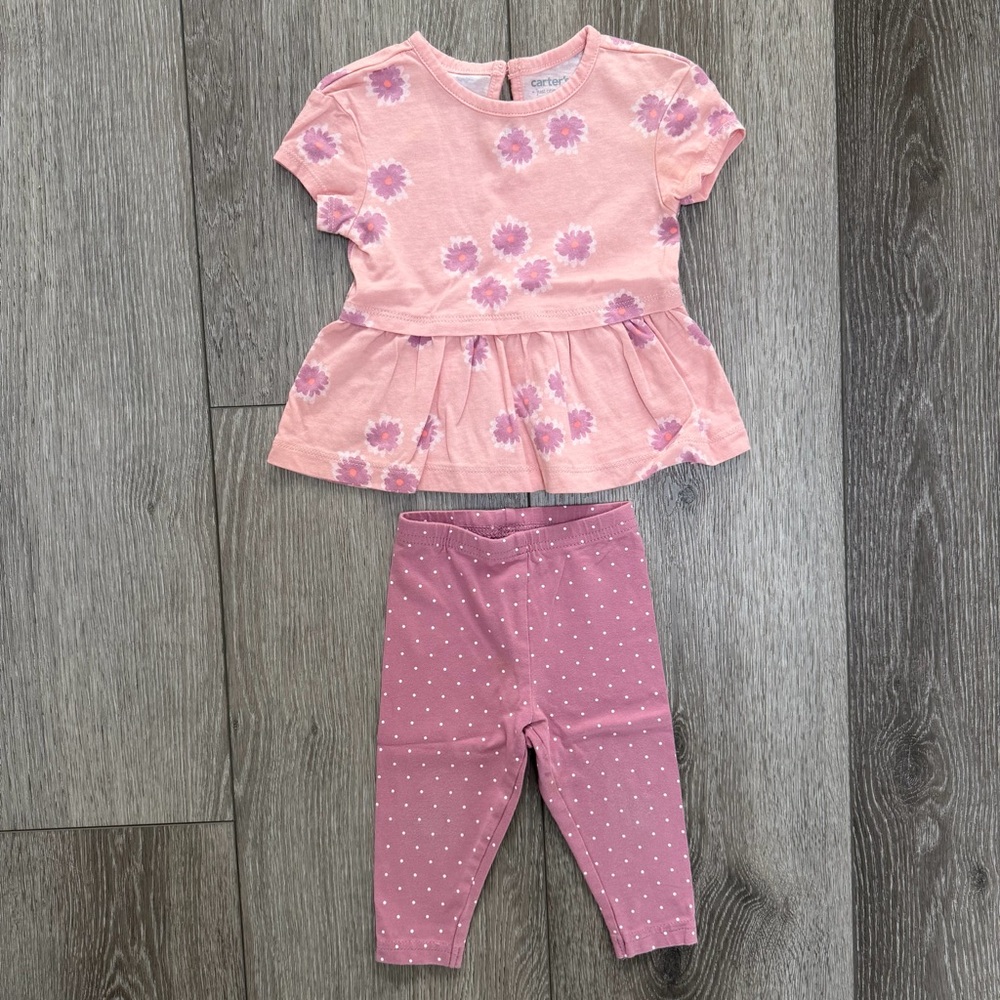 CARTERS 2PC SHORT SLEEVE TOP AND LEGGINGS OUTFIT FLORAL POLKA DOT 9MO